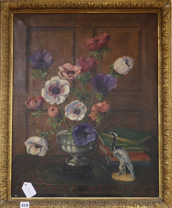 Lawrence Perugini, oil on canvas, Still life of anemones in a silver bowl, signed and dated 1930, 65 x 52cm